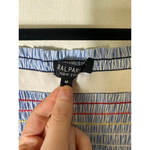 Central Park West Light Blue White Stripe Cold Shoulder Smocked Dress Sz M - Picture 3 of 3